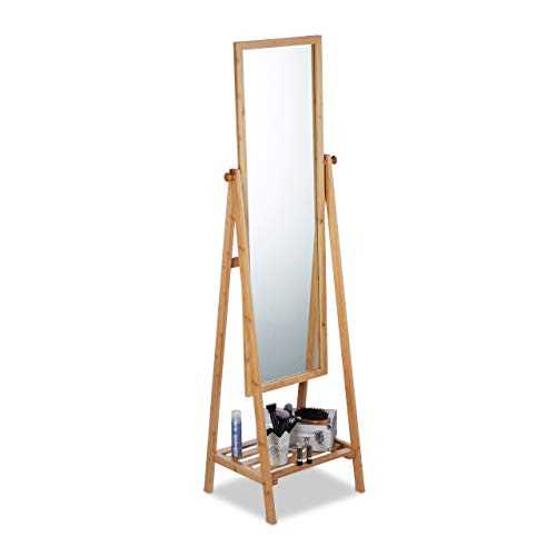 Relaxdays Bamboo Free-Standing Mirror, Swivel-Mounted, Bedroom Mirror with Drawer, HWD: 160x40x36 cm, Natural