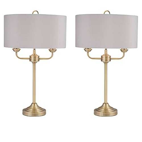 Pair of Modern Classic Antique Brass Twin Arm Table Lamp Bedside Grey Shades