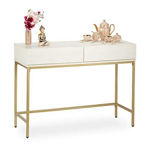 Relaxdays Console 2 Drawers Sideboard Hallway Living Room Storage Table Wood Effect H x W x D: 80 x 110 x 40 cm White/Gold, 1 Item
