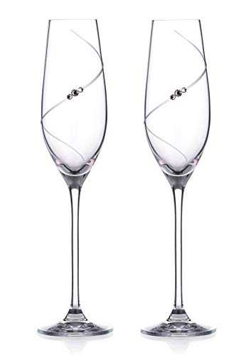 DIAMANTE Swarovski Champagne Flutes Prosecco Glasses Pair with ‘Silhouette’ Hand Cut Design Embellished with Swarovski Crystals