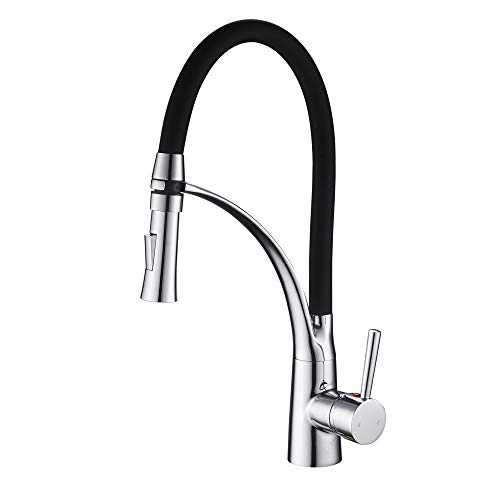 Heable Pull Down Kitchen Sink Mixer Tap with Dual Function Sprayer, Single Lever Swivel Spout Kitchen Taps with Black Silicone Hose, Available Chrome Finish Solid Brass