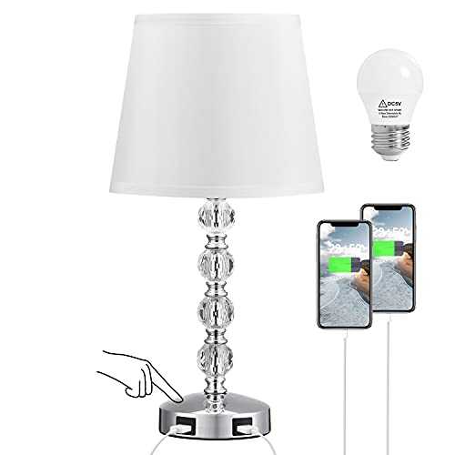 Touch Crystal USB Table Lamp,Seealle White Lamp with Dual USB Charging Ports, 3-Way Dimmable Bedroom Lamp Touch Lamp for Bedroom, Living Room, Guest Room and Office(LED Bulb Included)