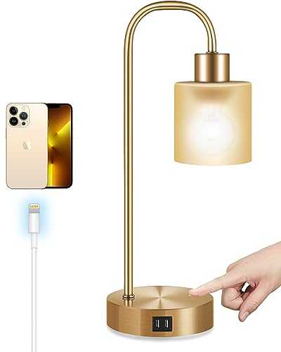 Touch Bedside Lamp,Fully Dimmable Table Lamp,Brass Metal Color,Edison Industrial Lamps,1USB,1Type C Charging Ports,Gold Nightstand Lamp for Bedroom Living Room, Glass Lampshade, LED Bulb Included