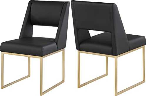 Meridian Furniture Jayce Collection Modern | Contemporary Faux Leather Upholstered Dining Chair with Brushed Gold Metal Base, Set of 2, Black