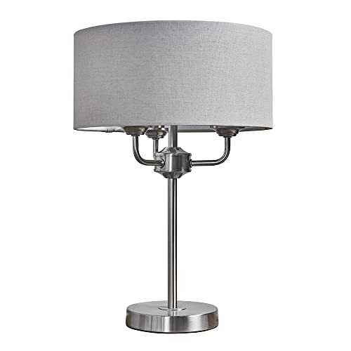 Pair of - Modern Chrome 3 Way Multi Arm Table Lamps with Grey Linen Slimline Drum Shades