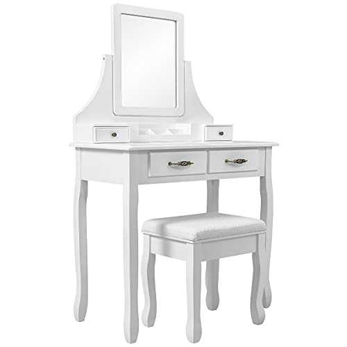 Meerveil Dressing Table Set with Mirror and Stool, Dresser Makeup Desk with 4 Drawers, 360° Rotatable Mirror White Vanity Dressing Table With for Bedroom