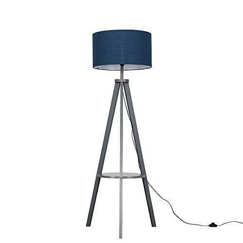Modern Grey Wood Tripod Design Floor Lamp with Storage Shelf & Navy Blue Drum Shade - Complete with a 6w LED Bulb [3000K Warm White]