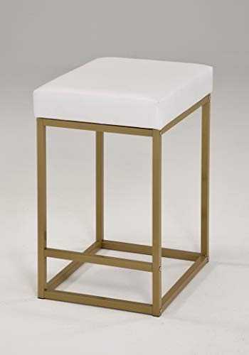 Counter Height Bar Stool with White Bonded Leather Cushion and Gold Metal Base, 1 Chair (24" Height)