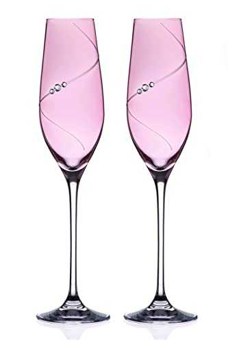 Pink Lustre Silhouette Champagne Flute Pair Embellished with Swarovski Crystals - Perfect Gift