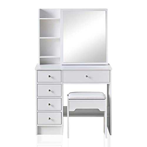TUKAILAi White Vanity Dressing Table Set Corner Makeup Desk with 5 Drawers, 1 Slide Mirror, 7 Shelves and Stool Bedroom Furniture