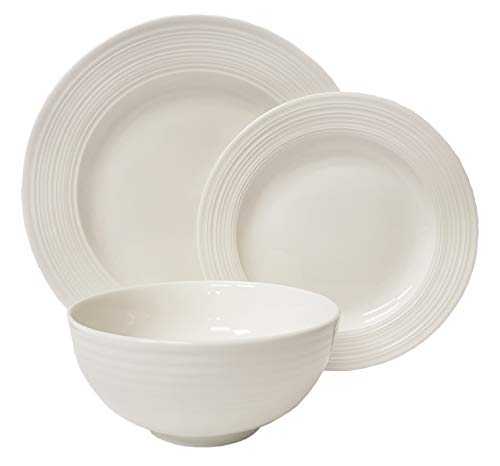 Tabletops Gallery Embossed Bone White Porcelain Round Dinnerware Collection- Chip Resistant Scratch Resistant, Contempo 12 Piece Dinnerware Set (Dinner Plate, Salad Plate, Cereal Bowl)