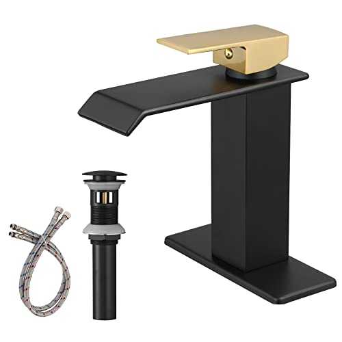 Greenspring Gold ＆ Black Bathroom Sink Faucet Waterfall Single Hole Single Handle Modern Bathroom Faucets Deck Mount Commercial Bath Vanity Lavatory RV Mixer Tap with Drain