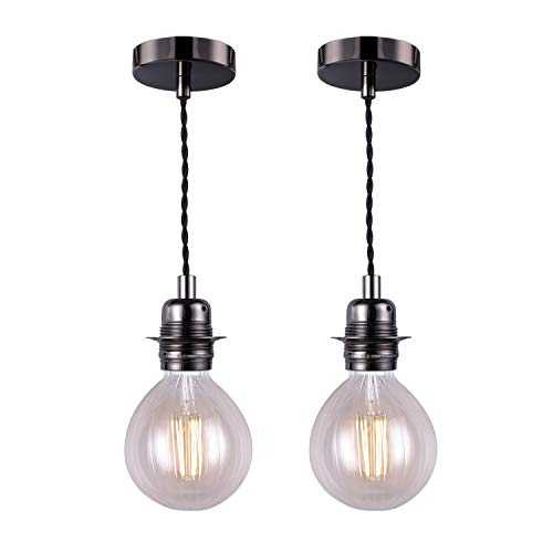 Vintage Pendant Light Fitting, Black Finish Retro Style E27 Lamp Holder, Black Ceiling Rose with Braided Twisted Cable -2 Pack of KIT04BLK