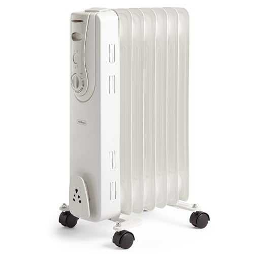 VonHaus Oil Filled Radiator – 1500W/1.5KW – 7 Fin – Freestanding – Small Plug in Portable Electric Heater – 3 Power Settings, Adjustable Temperature/Thermostat, Thermal Safety Cut off - White