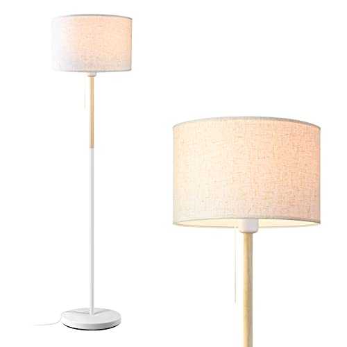 Floor Lamp Warm White Floor Light, Farmhouse Tall Standing Lamp with Linen Lampshade Reading Standing Lamp for Living Room, Tall Pole Lamp for Bedroom/Family/Office (White)