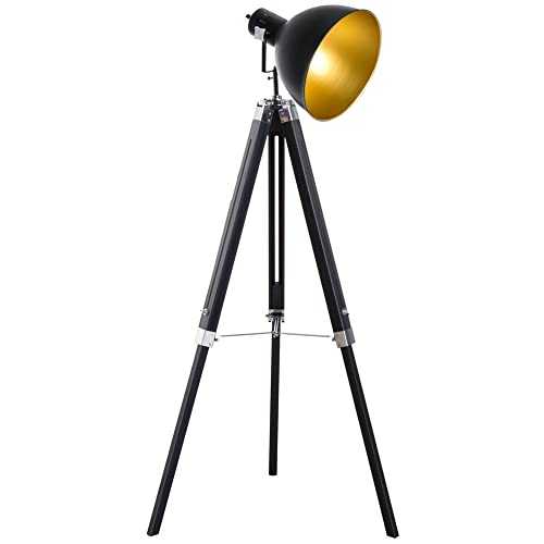 HOMCOM Industrial Floor Lamp for Living Room Tripod Spotlight Reading Lamp w/Wood Legs Metal Shade Adjustable Height Angle for Bedroom Home Office Black and Gold