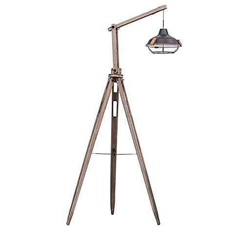 Waqihreu Industrial Tripod Floor Lamp, Retro Living Room Floor Lights Swing Arm Adjustable E27 Socket Wooden Bedroom Standing Lamp with Metal Cage Lampshade