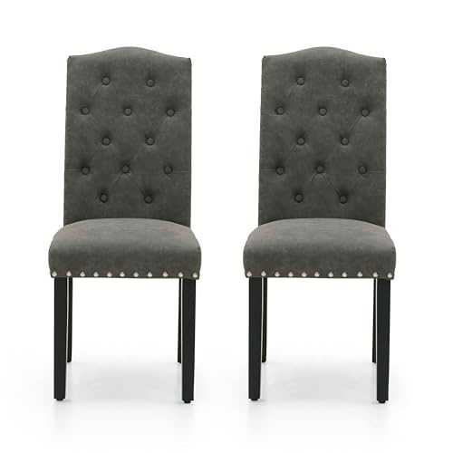 ALPHA HOME Tufted Dining Chairs Set of 2, Faux Leather Parsons Diner Chairs Upholstered Padded Modern Dining Room Chairs with Button Back Wooden Frame Stylish Kitchen Chairs, Grey