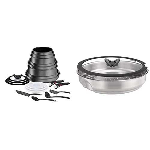 Ingenio Daily Chef ON Pots & Pans Set, 20 Pieces, Stackable, Removable Handle, Space Saving, Non-Stick, Induction, Grey, L7619402 & Ingenio Stainless Steel Steamer with Glass Lid