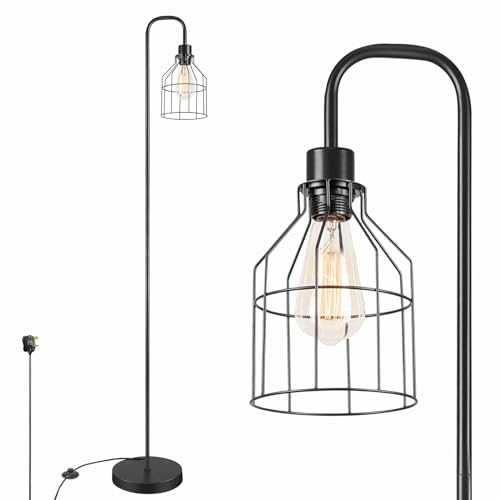 ArcoMead Industrial Frosted Black Floor Lamp with Cage Lampshade, On-Off Switch, Modern Indoor Pole Light for Bedroom, Living Room, Study Room or Offices (Black)