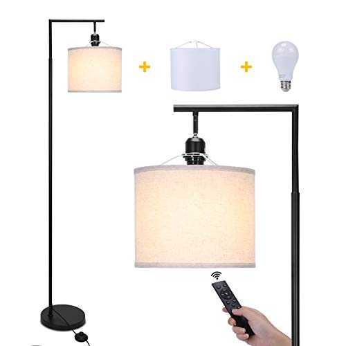 ENCOFT Floor Lamp Dimmable for Living Room 64" Tall Modern Standing Lamp with 2 Lamp Shade 12W Bulb Remote Control for Bedroom, Apartment, Office Floor Uplighters Black