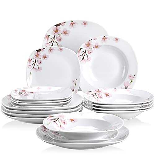 VEWEET 'Annie' 18-Piece Porcelain Combination Sets Ivory White Pink Floral Round Tabletop Dinner Sets of 6 x 9.75" Dinner Plate/ 7.5" Dessert Plate/ 8.5" Soup Plate Service for 6