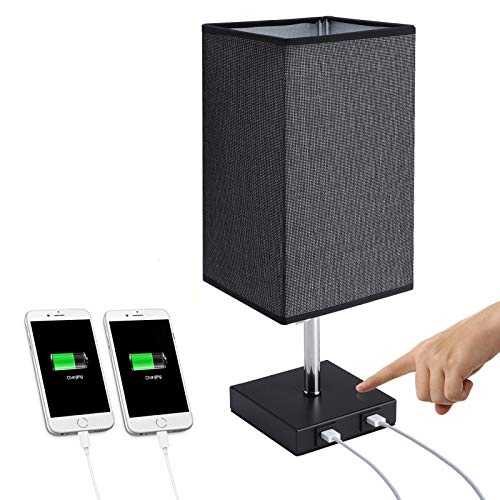 Glighone Touch Control Bedside Lamp Table Lamp Dimmable with 2 USB Charging Ports LED Nightstand Lamp Modern E27 with Black Square Fabric Shade for Bedroom Living Room Office (Bulb Included)