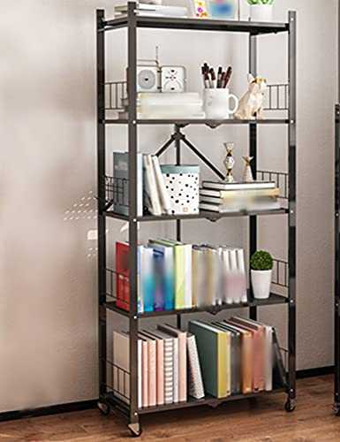 Folding Bookshelf, 5-Tiers Carbon Steel Storage Rack with 4 Casters, Standing Shelf, Easy Assembly, Living Room, Bedroom/Black / 72x37x162cm