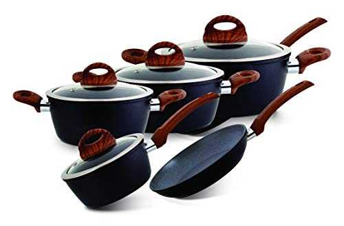 Royalford 5Pc Aluminium Casserole Cookware Set – Induction safe Pots & Pans with Non-Stick Marble Coating & Scratch Resistant – Stock Pots with Tempered Glass Lid & Strong Wooden Handles – 2.5MM Thick