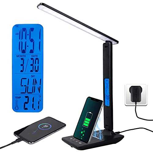 LED Desk Lamp with 10W Wireless Charger, USB Charging, Touch Control Table Lamp Light with 3 Color Mode, 5 Brightness, Time, Temperature, Clock Function for Home Office School Work Study (Black)