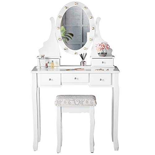 CARME Luxury Dressing Table with Mirror LED Lights 5 Drawers Stool Set Makeup Jewellery Organiser Bedroom Furniture (LED - Beverley Dior White)