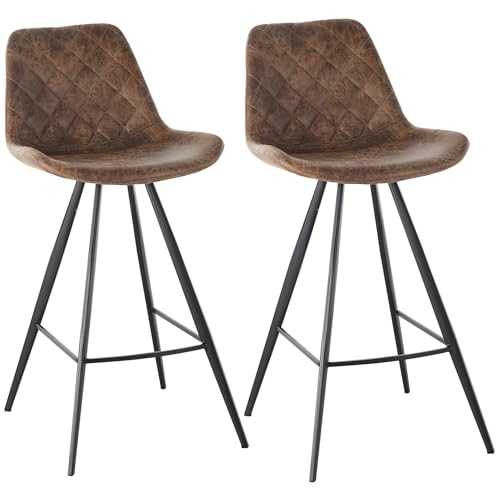 HOMCOM Set Of 2 Bar Stools Vintage Microfiber Cloth Tub Seats Padded Comfortable Steel Frame Footrest Quilted Home Business Bar Cafe Kitchen Chair Stylish Brown
