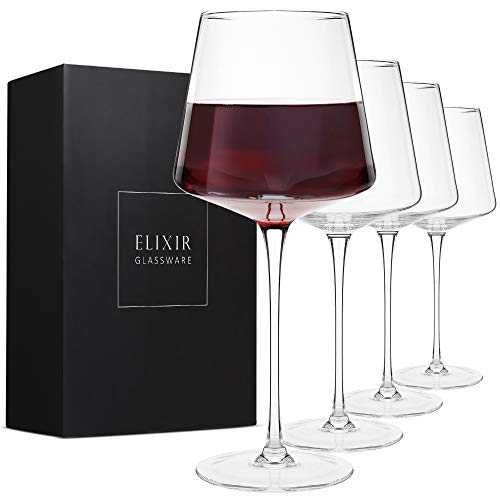Modern Red Wine Glasses Set of 4 – Hand Blown Crystal Wine Glasses – Tall Long Stem Wine Glasses – Unique Large Wine Glasses with Stem for Cabernet, Pinot Noir, Burgundy, Bordeaux – 630 ml Clear