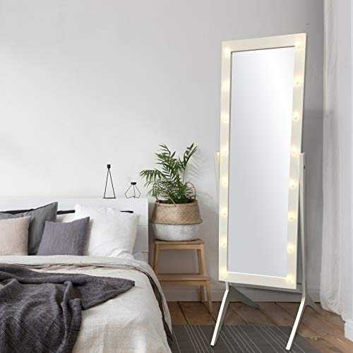 eHomeProducts White Finish LED Lights Wooden Cheval Bedroom Floor Mirror Stand Hollywood Style Makeup Mirror