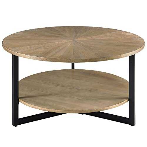 MODERION Round Solid Wood Coffee Table with 2-Tier Storage Shelf, Tea Table End Table Sofa Table with Metal Legs, Robust Steel Frame, for Living Room,85 x 85 x 45.5 cm (Light Brown)