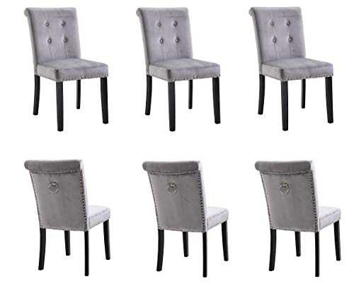 Set of 6 Grey Velvet Dining Chair with Knocker Back Black Wooden Legs Upholstered Kitchen Chairs (6 x Grey)