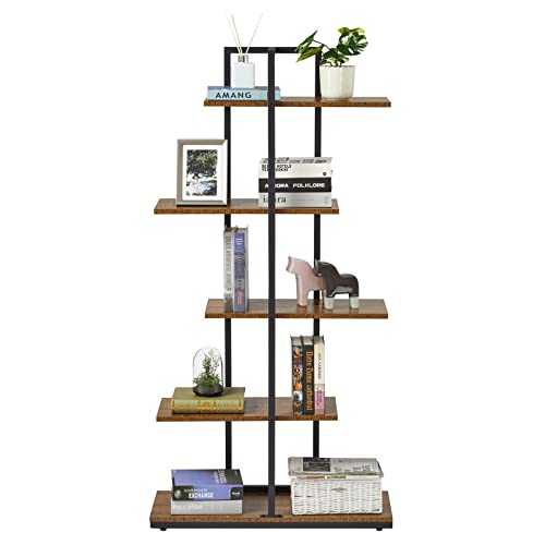Mondeer Bookshelf, 5-Tier Floor Standing Bookcase, Asymmetrical Staggered Display Shelf, Plant Shelf, Industrial Style, for Living Room, Bedroom, Home Office, 74 x 28 x 144.5 cm, Rustic Brown