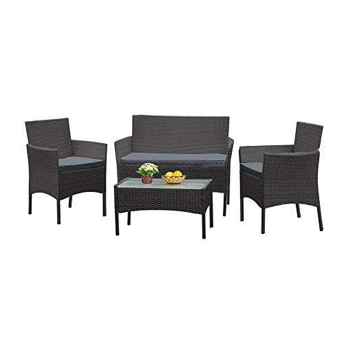 Panana Rattan Garden Furniture 4 Piece Set Table Sofa Chair Patio Outdoor Conservatory Indoor Black with Grey Cushions