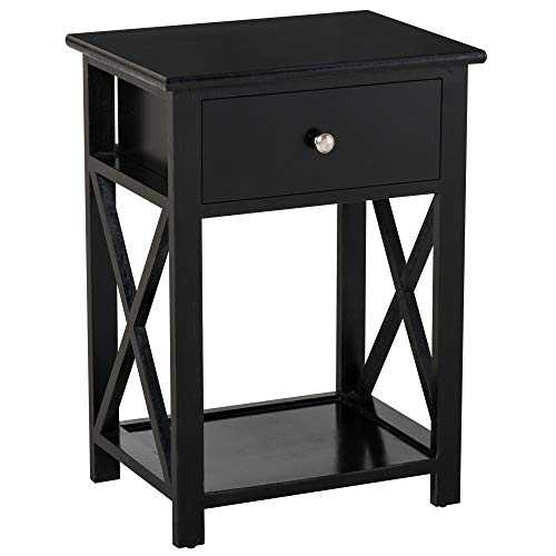 HOMCOM Traditional Accent End Table With 1 Drawer,X Bar Bottom Storage Shelf, for Living Room Bedroom Room 40L x 30W x 55H cm - Black