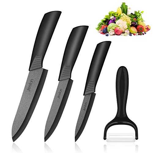 Jeslon Ceramic Knife Set, 4pcs Chef Knives Set (6-inch Chef's Knife, 5-inch Utility Knife, 4-inch Fruit Paring Knife, Peeler) Professional Ultra Sharp Kitchen Ceramic Knife