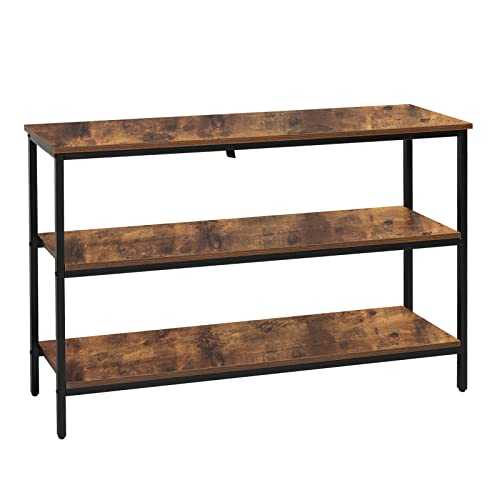 WEENFON 3-Tier Industrial Console Table with Black Metal Frame, 47.2 Inch Long Narrow Console Table Behind Couch, Sofa Table, Entryway Table, Easy Assembly, for Living Room, Rustic Brown