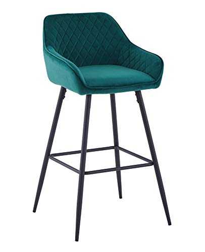 AINPECCA Velvet Bar Stool Fabric Upholstered seat with Backrest & Armrest Black Metal Legs Kitchen Breakfast Counter Chair (Green velvet, 1)