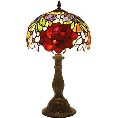 Tiffany Lamp Stained Glass Red Rose Style Table Lamps Wide 6 Inch Height 22 Inch For Lover Girlfriend Women Living Room Antique Desk Beside Bedroom (S001)