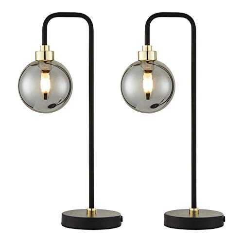 Pair of Retro Modern Design Black Table Lamps or Bedside Lights Black Table Lights Smoked Glass Shades Brass Details LED Compatible