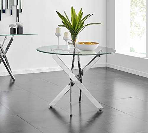 Furniturebox UK Novara Modern Round Circular Clear Glass And Chrome Metal Contemporary Stylish Dining Kitchen Table