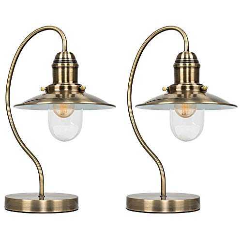 Pair of - Vintage Antique Brass Metal and Glass Fisherman's Style Lantern Touch Table Lamps