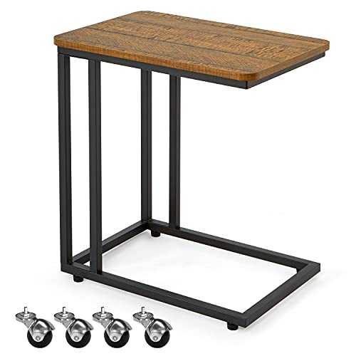 Meerveil Mobile Side Table,Sofa Table,End Table,Laptop Table,Mobile Small Coffee Table,Industrial Style Bed Sides Table with Metal Frame and Rolling Castors,50x35x55cm,Antique Brown