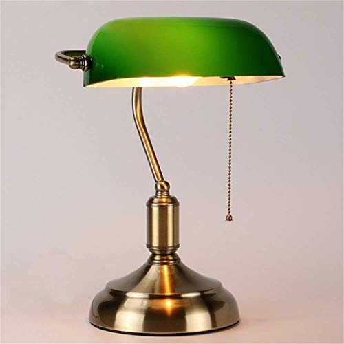 Desk Lamp Study Office Retro Traditional Lighting Bedside Reading Lamp Green Thick Glass Shade Plating Antique Brass Metal Base Bankers Table Lamp E27 with Pull Line Switch