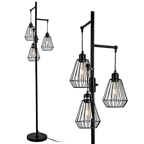Rayofly Cage Floor Lamp, Farmhouse Diamond Shape 3-Light ON/Off Rotary Switch, Vintage Sofa Standing Lighting for Office Living Room Bedroom, 64 Inches.