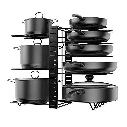 KLEVERISE 8 Tiers Pot Pan Rack Storage Organizers – Thicken Wire with Anti-Slip Silicon Dipping - Height Adjustable DIY Heavy Duty Pot Pan Holders - Space Saving Rack in Kitchen Counter and Cabinet